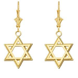 14K Solid Fine Gold Jewish Star of David Earrings